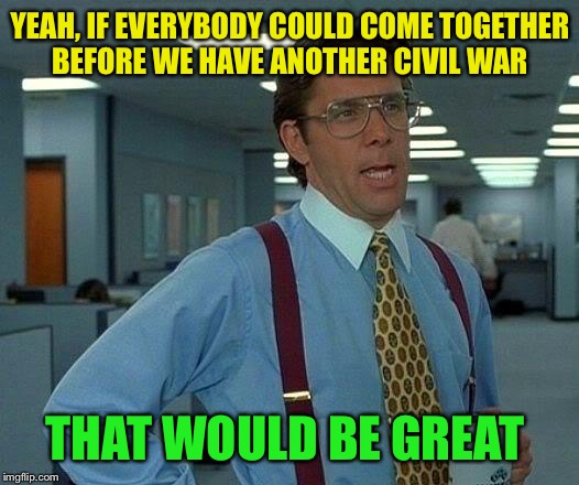 That Would Be Great | YEAH, IF EVERYBODY COULD COME TOGETHER BEFORE WE HAVE ANOTHER CIVIL WAR; THAT WOULD BE GREAT | image tagged in memes,that would be great | made w/ Imgflip meme maker
