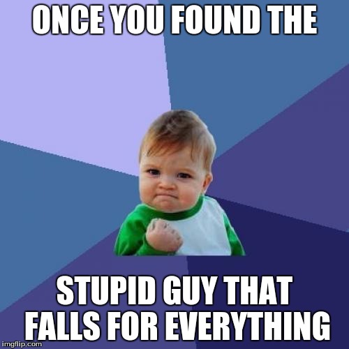 Success Kid |  ONCE YOU FOUND THE; STUPID GUY THAT FALLS FOR EVERYTHING | image tagged in memes,success kid | made w/ Imgflip meme maker