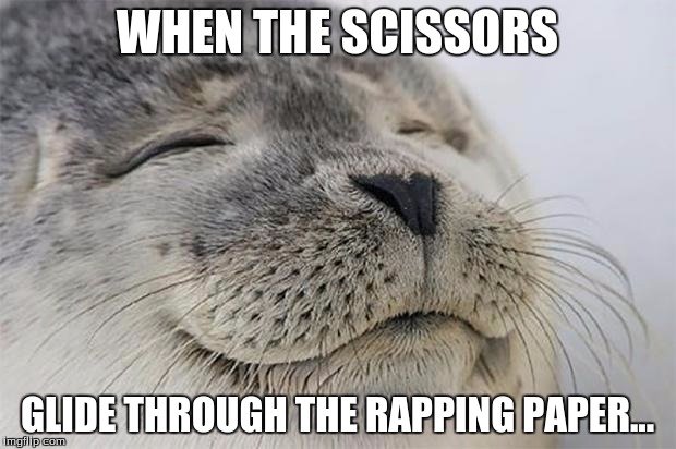 Satisfaction Seal | WHEN THE SCISSORS; GLIDE THROUGH THE RAPPING PAPER... | image tagged in satisfaction seal | made w/ Imgflip meme maker