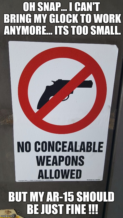 STUPID GUN CONTROL SIGNS | OH SNAP... I CAN'T BRING MY GLOCK TO WORK ANYMORE... ITS TOO SMALL. BUT MY AR-15 SHOULD BE JUST FINE !!! | image tagged in stupid gun control signs,2nd amendment,work,workplace,workplace violence,self defense | made w/ Imgflip meme maker