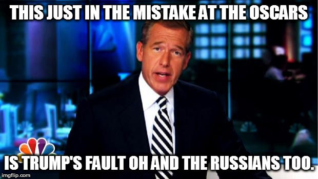 Oscars Debacle  | THIS JUST IN THE MISTAKE AT THE OSCARS; IS TRUMP'S FAULT OH AND THE RUSSIANS TOO. | image tagged in news anchor,oscars 2017 | made w/ Imgflip meme maker