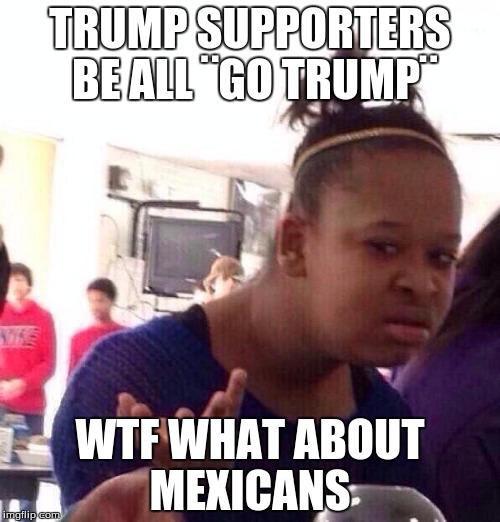 Black Girl Wat | TRUMP SUPPORTERS BE ALL ¨GO TRUMP¨; WTF WHAT ABOUT MEXICANS | image tagged in memes,black girl wat | made w/ Imgflip meme maker