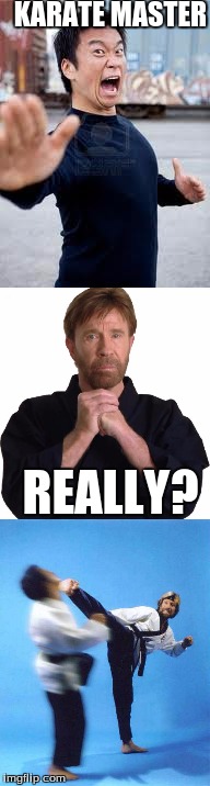 KARATE MASTER; REALLY? | image tagged in chuck norris,angry asian,roundhouse kick chuck norris | made w/ Imgflip meme maker