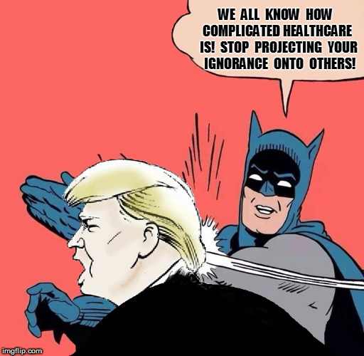"Nobody knew how complicated health care was going to be." - President Donald J. Trump | WE  ALL  KNOW  HOW  COMPLICATED HEALTHCARE  IS!  STOP  PROJECTING  YOUR  IGNORANCE  ONTO  OTHERS! | image tagged in batman slaps trump | made w/ Imgflip meme maker