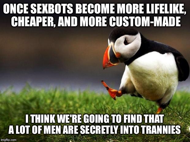 Not being biologically male will remove all shame | ONCE SEXBOTS BECOME MORE LIFELIKE, CHEAPER, AND MORE CUSTOM-MADE; I THINK WE'RE GOING TO FIND THAT A LOT OF MEN ARE SECRETLY INTO TRANNIES | image tagged in memes,unpopular opinion puffin | made w/ Imgflip meme maker