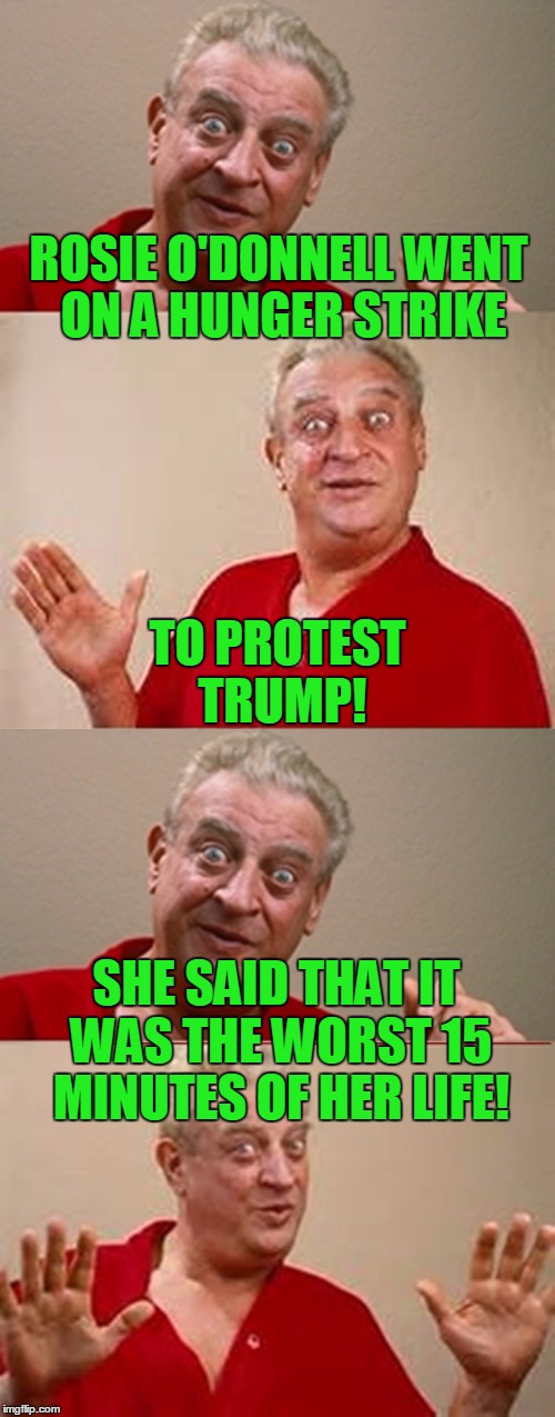 Whoa, she can eat... | ROSIE O'DONNELL WENT ON A HUNGER STRIKE; TO PROTEST TRUMP! SHE SAID THAT IT WAS THE WORST 15 MINUTES OF HER LIFE! | image tagged in bad pun rodney dangerfield,trump,protest,rosie o'donnell,hunger strike | made w/ Imgflip meme maker