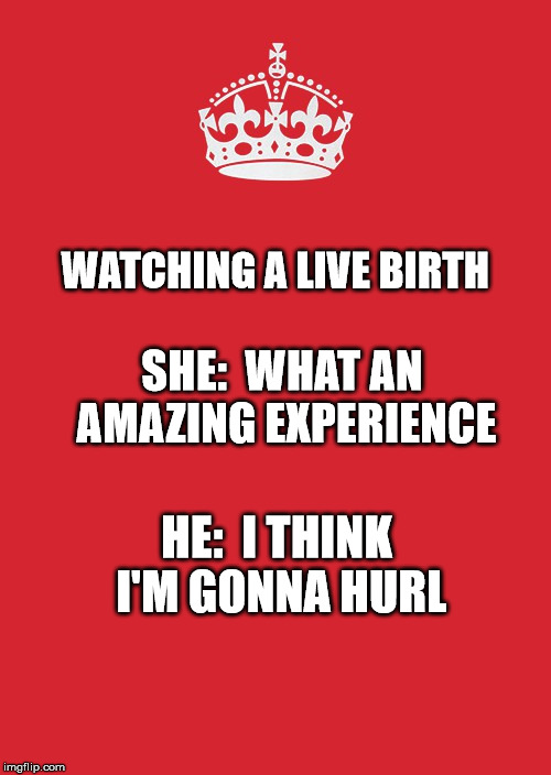 Keep Calm And Carry On Red | WATCHING A LIVE BIRTH; SHE:  WHAT AN AMAZING EXPERIENCE; HE:  I THINK I'M GONNA HURL | image tagged in memes,keep calm and carry on red | made w/ Imgflip meme maker