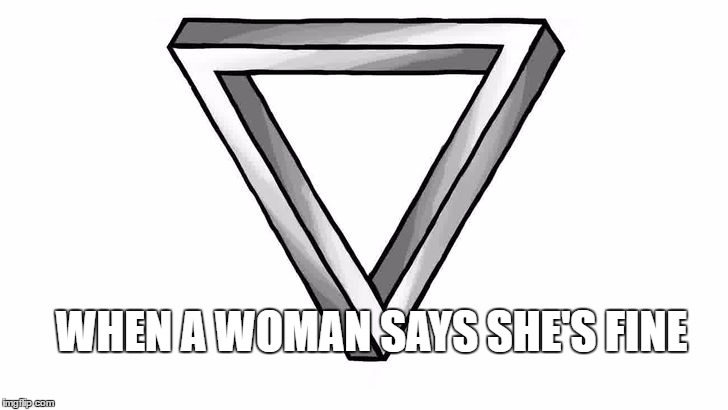 WHEN A WOMAN SAYS SHE'S FINE | image tagged in impossible triangle | made w/ Imgflip meme maker