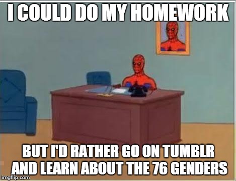 Spiderman Computer Desk Meme | I COULD DO MY HOMEWORK; BUT I'D RATHER GO ON TUMBLR AND LEARN ABOUT THE 76 GENDERS | image tagged in memes,spiderman computer desk,spiderman | made w/ Imgflip meme maker