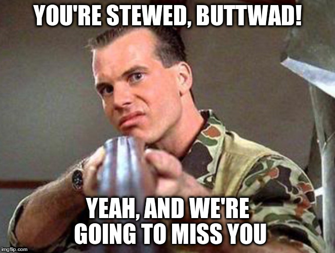 YOU'RE STEWED, BUTTWAD! YEAH, AND WE'RE GOING TO MISS YOU | image tagged in bill paxton | made w/ Imgflip meme maker