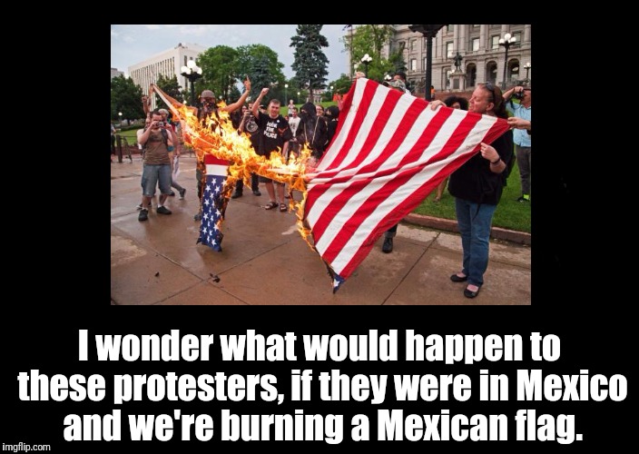 Flag burning protest | I wonder what would happen to these protesters, if they were in Mexico and we're burning a Mexican flag. | image tagged in protesters,trump protestors | made w/ Imgflip meme maker