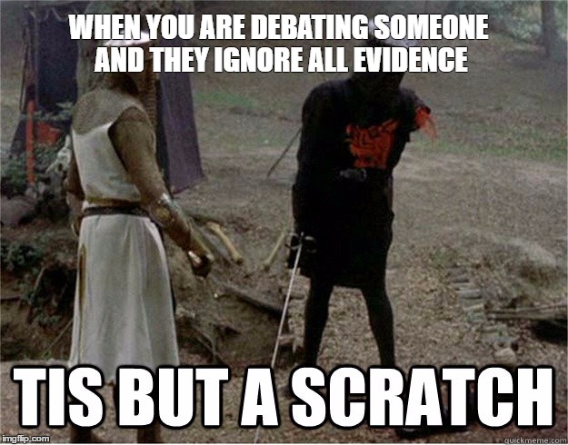 Black Knight Scratch | WHEN YOU ARE DEBATING SOMEONE AND THEY IGNORE ALL EVIDENCE | image tagged in black knight scratch | made w/ Imgflip meme maker