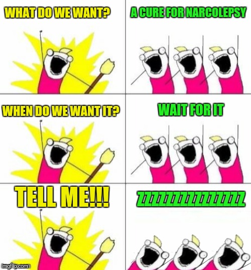 Inspired by a meme by Darth_Mortis | A CURE FOR NARCOLEPSY; WHAT DO WE WANT? WHEN DO WE WANT IT? WAIT FOR IT; TELL ME!!! ZZZZZZZZZZZZZZZ | image tagged in narcolepsy,x all the y | made w/ Imgflip meme maker