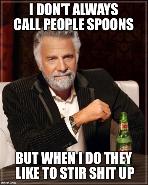 The Most Interesting Man In The World Meme | I DON'T ALWAYS CALL PEOPLE SPOONS; BUT WHEN I DO THEY LIKE TO STIR SHIT UP | image tagged in memes,the most interesting man in the world | made w/ Imgflip meme maker