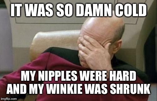 Captain Picard Facepalm Meme | IT WAS SO DAMN COLD MY NIPPLES WERE HARD AND MY WINKIE WAS SHRUNK | image tagged in memes,captain picard facepalm | made w/ Imgflip meme maker