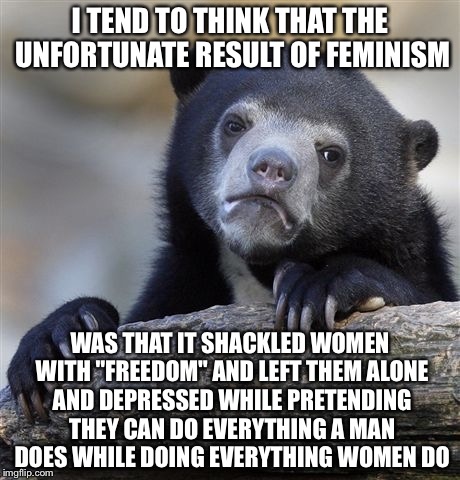 Confession Bear Meme | I TEND TO THINK THAT THE UNFORTUNATE RESULT OF FEMINISM WAS THAT IT SHACKLED WOMEN WITH "FREEDOM" AND LEFT THEM ALONE AND DEPRESSED WHILE PR | image tagged in memes,confession bear | made w/ Imgflip meme maker