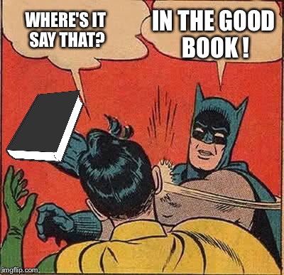 Batman Slapping Robin Meme | WHERE'S IT SAY THAT? IN THE GOOD BOOK ! | image tagged in memes,batman slapping robin | made w/ Imgflip meme maker