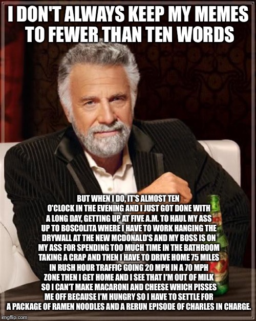 The Most Interesting Man In The World Meme | I DON'T ALWAYS KEEP MY MEMES TO FEWER THAN TEN WORDS BUT WHEN I DO, IT'S ALMOST TEN O'CLOCK IN THE EVENING AND I JUST GOT DONE WITH A LONG D | image tagged in memes,the most interesting man in the world | made w/ Imgflip meme maker