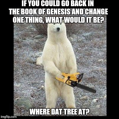 Chainsaw Bear | IF YOU COULD GO BACK IN THE BOOK OF GENESIS AND CHANGE ONE THING, WHAT WOULD IT BE? WHERE DAT TREE AT? | image tagged in memes,chainsaw bear | made w/ Imgflip meme maker