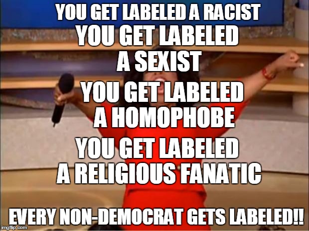 Oprah You Get A | YOU GET LABELED A SEXIST; YOU GET LABELED A RACIST; YOU GET LABELED A HOMOPHOBE; YOU GET LABELED A RELIGIOUS FANATIC; EVERY NON-DEMOCRAT GETS LABELED!! | image tagged in memes,oprah you get a | made w/ Imgflip meme maker