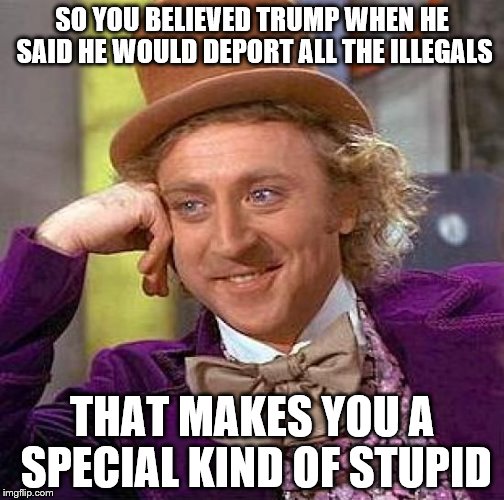 Creepy Condescending Wonka Meme | SO YOU BELIEVED TRUMP WHEN HE SAID HE WOULD DEPORT ALL THE ILLEGALS; THAT MAKES YOU A SPECIAL KIND OF STUPID | image tagged in memes,creepy condescending wonka | made w/ Imgflip meme maker