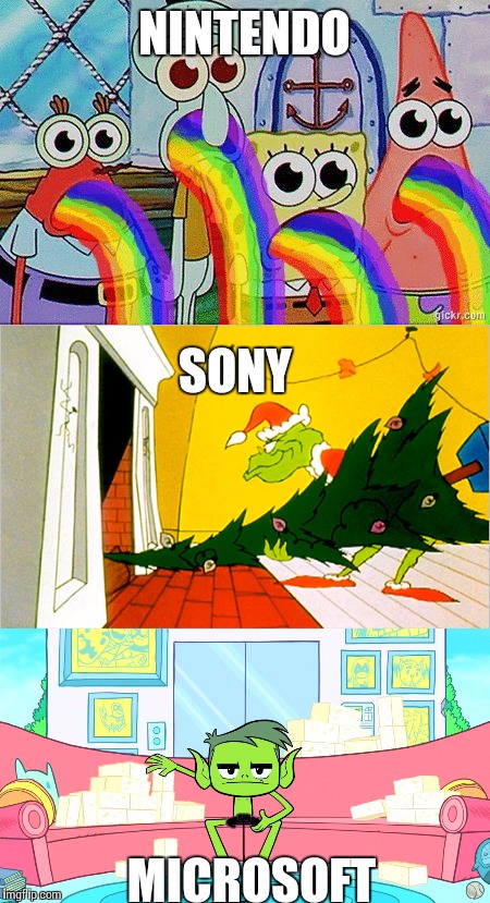 What our company is busy doing | NINTENDO; SONY; MICROSOFT | image tagged in gaming | made w/ Imgflip meme maker