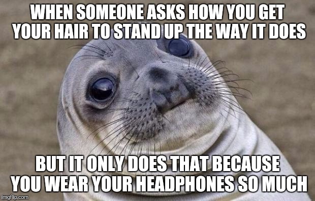 Awkward Moment Sealion | WHEN SOMEONE ASKS HOW YOU GET YOUR HAIR TO STAND UP THE WAY IT DOES; BUT IT ONLY DOES THAT BECAUSE YOU WEAR YOUR HEADPHONES SO MUCH | image tagged in memes,awkward moment sealion,that moment when | made w/ Imgflip meme maker