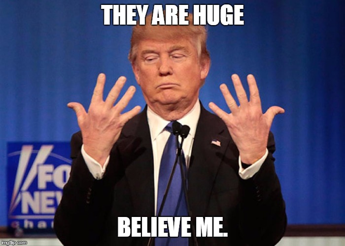 THEY ARE HUGE | THEY ARE HUGE; BELIEVE ME. | image tagged in trump,donald trump the clown | made w/ Imgflip meme maker