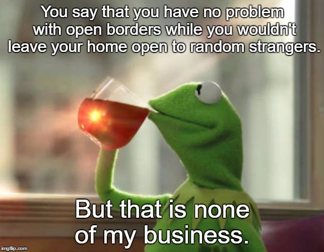 But That's None Of My Business (Neutral) | You say that you have no problem with open borders while you wouldn't leave your home open to random strangers. But that is none of my business. | image tagged in memes,but thats none of my business neutral | made w/ Imgflip meme maker