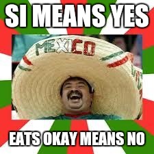Today's Spanish lesson | SI MEANS YES; EATS OKAY MEANS NO | image tagged in mexican fiesta | made w/ Imgflip meme maker