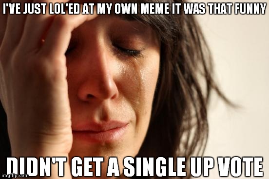 First World Problems Meme | I'VE JUST LOL'ED AT MY OWN MEME IT WAS THAT FUNNY DIDN'T GET A SINGLE UP VOTE | image tagged in memes,first world problems | made w/ Imgflip meme maker