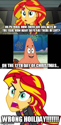 Sunset shimmer teaching Patrick star | WRONG HOILDAY!!!!!!! | image tagged in sunset shimmer | made w/ Imgflip meme maker