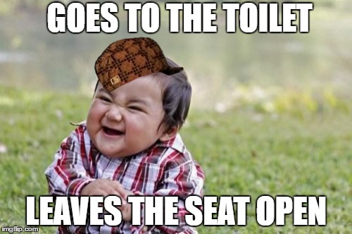 Evil Toddler Meme | GOES TO THE TOILET; LEAVES THE SEAT OPEN | image tagged in memes,evil toddler,scumbag | made w/ Imgflip meme maker