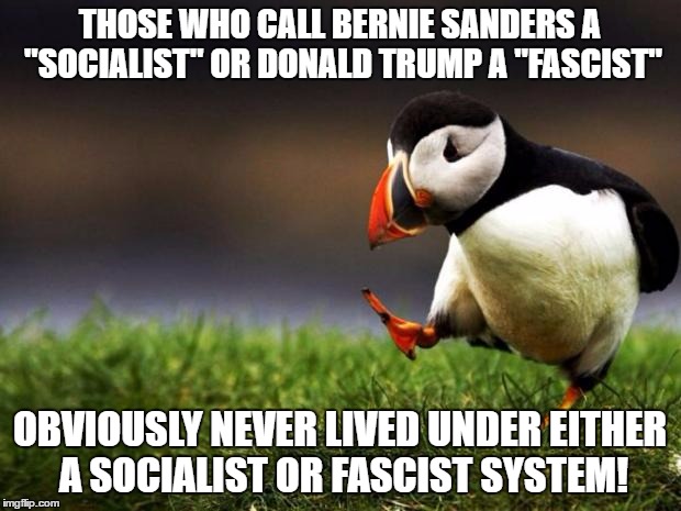 Could we please drop the hyperbole? | THOSE WHO CALL BERNIE SANDERS A "SOCIALIST" OR DONALD TRUMP A "FASCIST"; OBVIOUSLY NEVER LIVED UNDER EITHER A SOCIALIST OR FASCIST SYSTEM! | image tagged in memes,unpopular opinion puffin | made w/ Imgflip meme maker