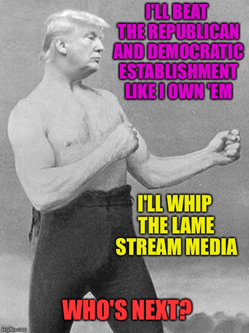 I'LL BEAT THE REPUBLICAN AND DEMOCRATIC ESTABLISHMENT LIKE I OWN 'EM; I'LL WHIP THE LAME STREAM MEDIA; WHO'S NEXT? | image tagged in manly trump | made w/ Imgflip meme maker