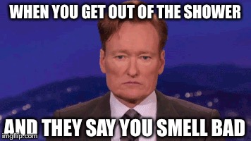 WHEN YOU GET OUT OF THE SHOWER; AND THEY SAY YOU SMELL BAD | image tagged in funny,dank,dank memes,conan | made w/ Imgflip meme maker
