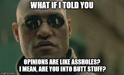Matrix Morpheus Meme | WHAT IF I TOLD YOU; OPINIONS ARE LIKE ASSHOLES? I MEAN, ARE YOU INTO BUTT STUFF? | image tagged in memes,matrix morpheus | made w/ Imgflip meme maker