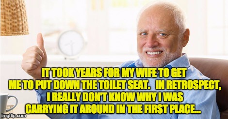 harold | IT TOOK YEARS FOR MY WIFE TO GET ME TO PUT DOWN THE TOILET SEAT.   IN RETROSPECT, I REALLY DON'T KNOW WHY I WAS CARRYING IT AROUND IN THE FIRST PLACE... | image tagged in harold | made w/ Imgflip meme maker