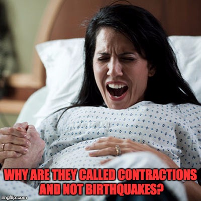 Woman in labor | WHY ARE THEY CALLED CONTRACTIONS AND NOT BIRTHQUAKES? | image tagged in woman in labor | made w/ Imgflip meme maker