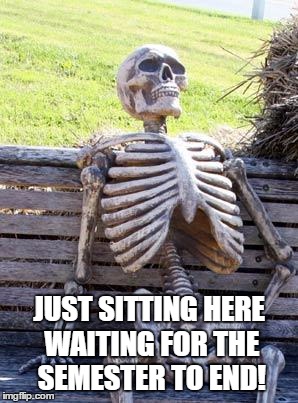 Waiting Skeleton Meme | JUST SITTING HERE WAITING FOR THE SEMESTER TO END! | image tagged in memes,waiting skeleton | made w/ Imgflip meme maker