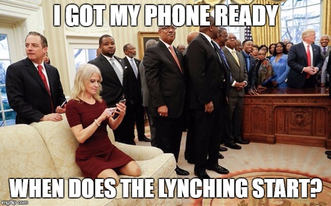 I GOT MY PHONE READY; WHEN DOES THE LYNCHING START? | image tagged in naughty kellyanne | made w/ Imgflip meme maker