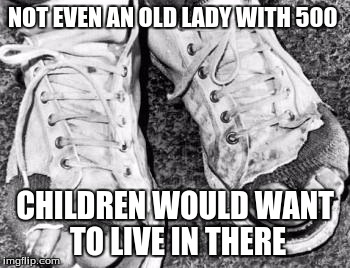 Old Shoes | NOT EVEN AN OLD LADY WITH 500; CHILDREN WOULD WANT TO LIVE IN THERE | image tagged in old shoes | made w/ Imgflip meme maker