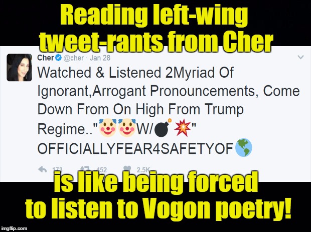 Groop, I implore thee, my foonting turlingdromes... | Reading left-wing tweet-rants from Cher; is like being forced to listen to Vogon poetry! | image tagged in vogon poetry,hitchhiker's guide to the galaxy,cher,liberals | made w/ Imgflip meme maker