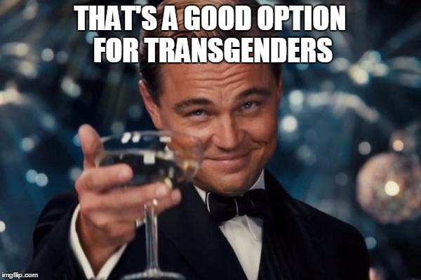 Leonardo Dicaprio Cheers Meme | THAT'S A GOOD OPTION FOR TRANSGENDERS | image tagged in memes,leonardo dicaprio cheers | made w/ Imgflip meme maker