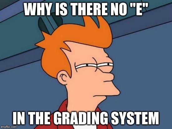 Futurama Fry Meme | WHY IS THERE NO "E"; IN THE GRADING SYSTEM | image tagged in memes,futurama fry | made w/ Imgflip meme maker