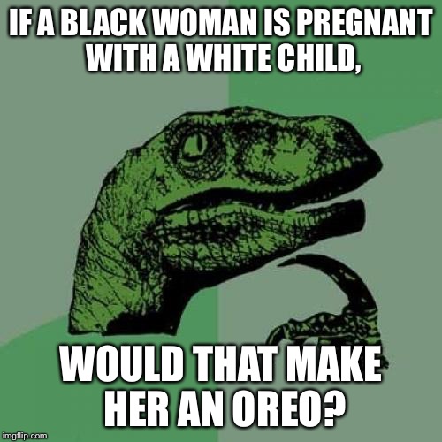 Do you really wanna know what goes on inside my head? | IF A BLACK WOMAN IS PREGNANT WITH A WHITE CHILD, WOULD THAT MAKE HER AN OREO? | image tagged in memes,philosoraptor,black girl | made w/ Imgflip meme maker