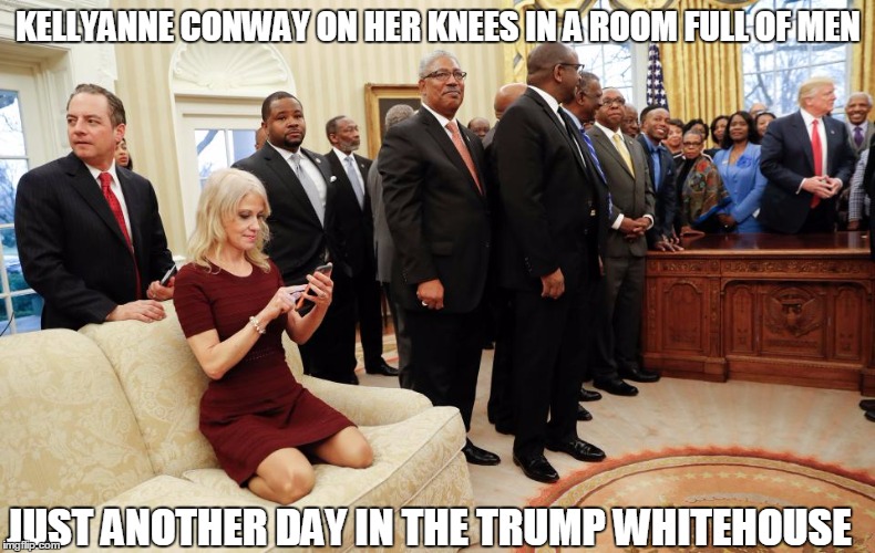 it should have been blue | KELLYANNE CONWAY ON HER KNEES IN A ROOM FULL OF MEN; JUST ANOTHER DAY IN THE TRUMP WHITEHOUSE | image tagged in the con-way,trump,anti trump,memes,funny,upskirt | made w/ Imgflip meme maker