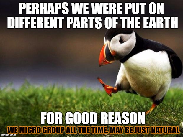 Unpopular Opinion Puffin | PERHAPS WE WERE PUT ON DIFFERENT PARTS OF THE EARTH; FOR GOOD REASON; WE MICRO GROUP ALL THE TIME. MAY BE JUST NATURAL | image tagged in memes,unpopular opinion puffin | made w/ Imgflip meme maker