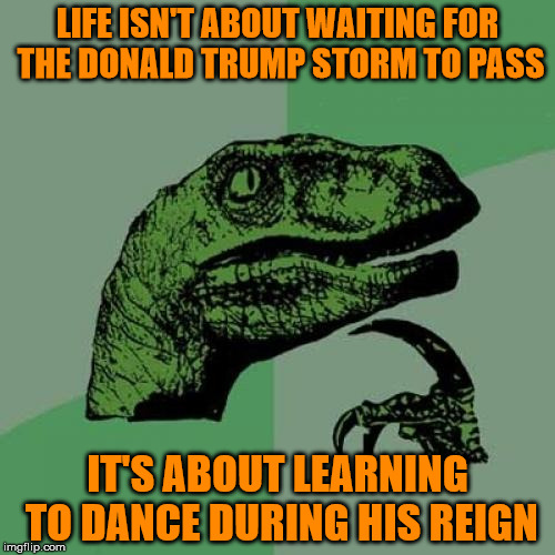 Another Political Meme | LIFE ISN'T ABOUT WAITING FOR THE DONALD TRUMP STORM TO PASS; IT'S ABOUT LEARNING TO DANCE DURING HIS REIGN | image tagged in memes,philosoraptor | made w/ Imgflip meme maker