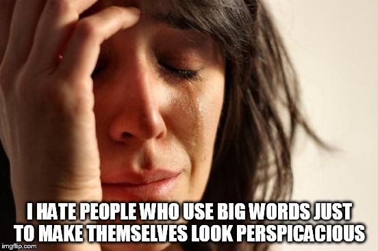 First World Problems | I HATE PEOPLE WHO USE BIG WORDS JUST TO MAKE THEMSELVES LOOK PERSPICACIOUS | image tagged in memes,first world problems | made w/ Imgflip meme maker